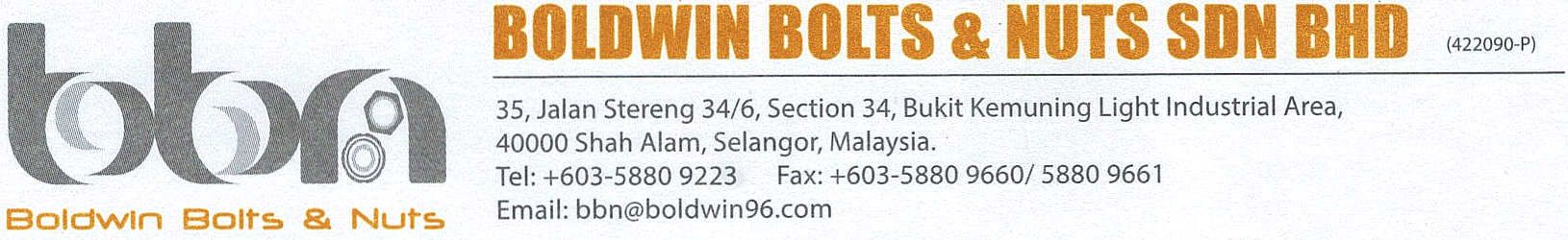 Boldwin Bolts & Nuts Sdn Bhd letterhead image